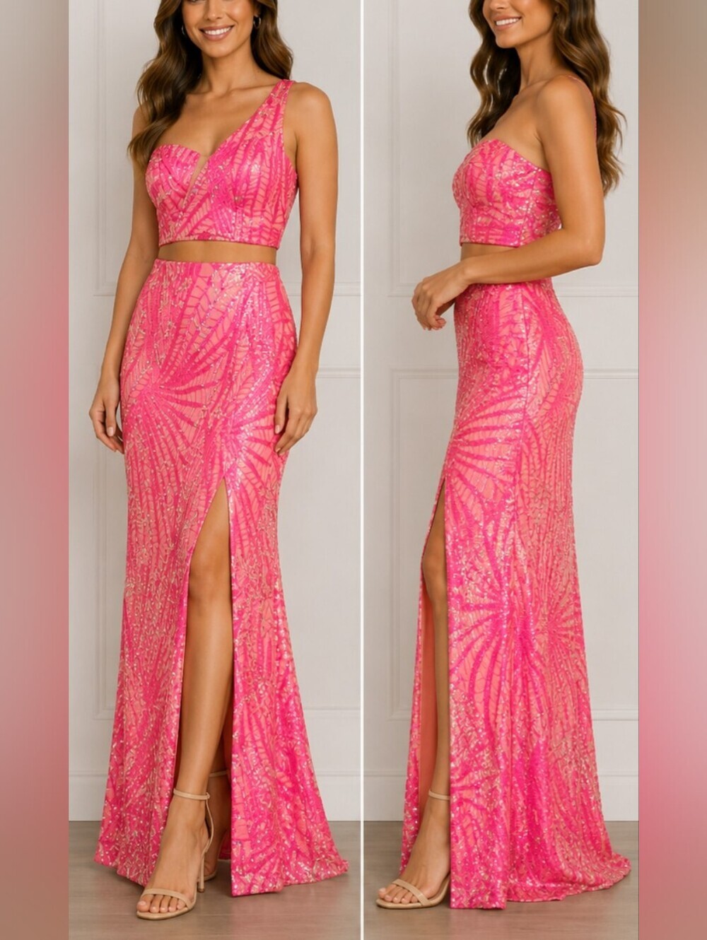 Neon Pink Sequin Two Piece Formal Gown Set One Shoulder Mermaid Dress